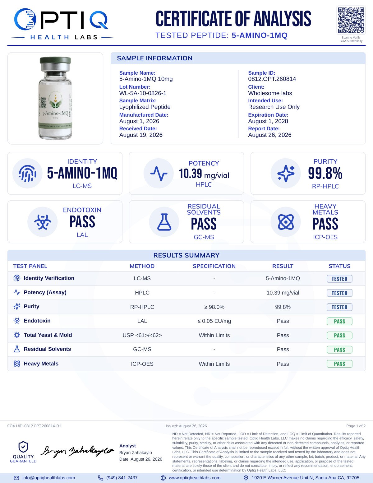 Certificate of Analysis, lot WL-5A-10-0826-1