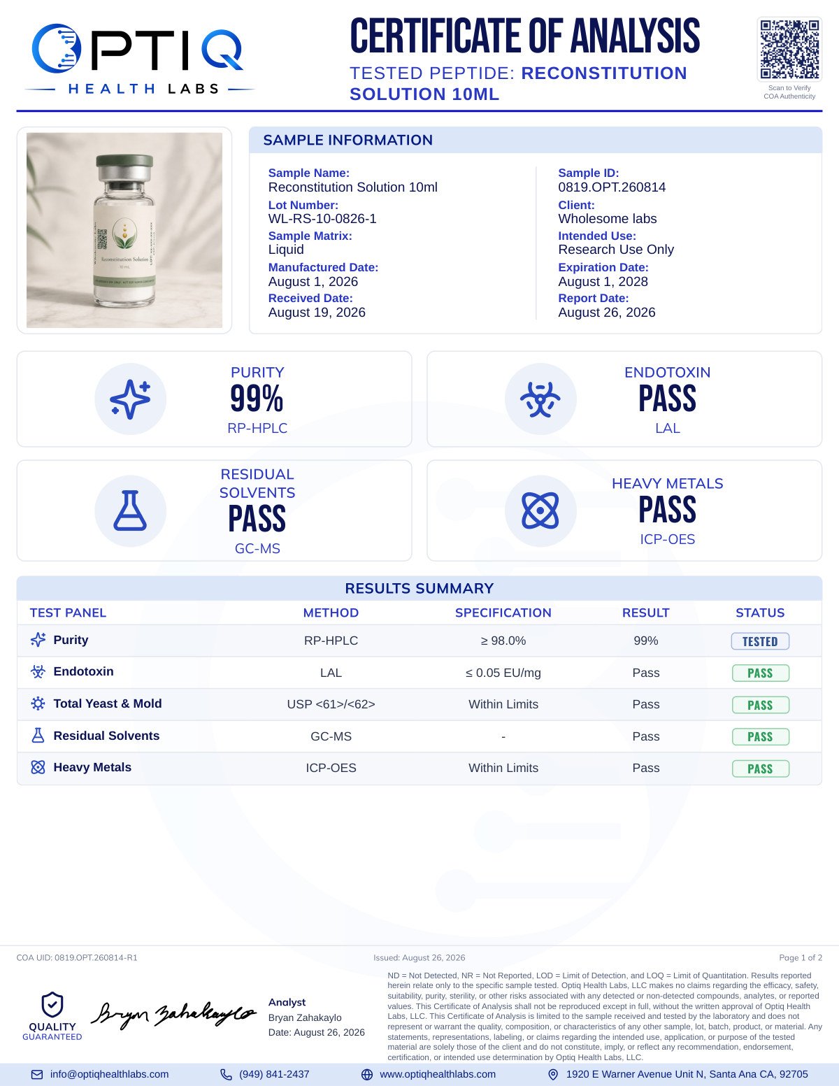 Certificate of Analysis, lot WL-RS-10-0826-1
